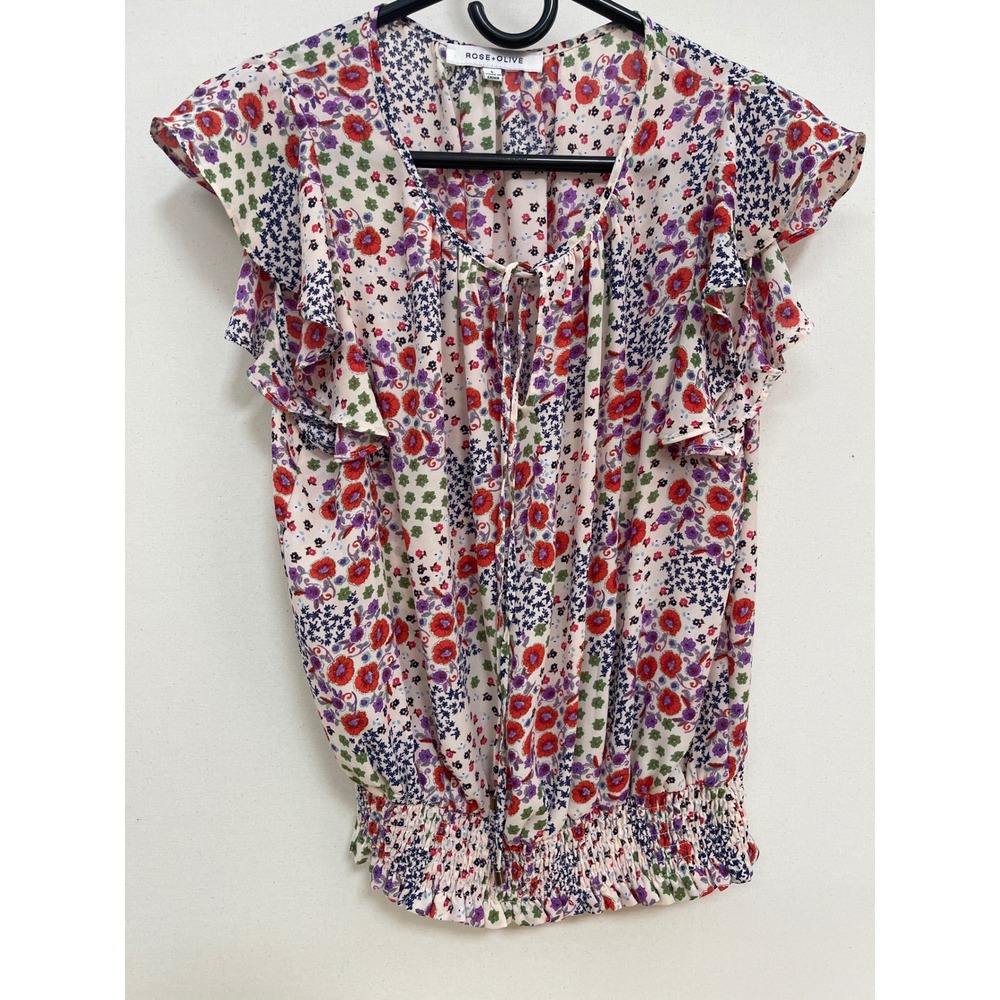 Rose + Olive Floral Flutter Sleeve Smocked Hem Blouse Large Multi Color Boho
